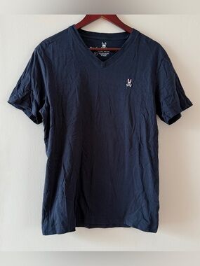 PSYCHO BUNNY Men’s Navy Blue Pima Cotton Short Sleeve V-Neck T-Shirt Size M